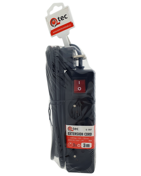 Predlžovací prívod čierny 3 zásuvky s vypínačom, 3m, Q-356F QTEC