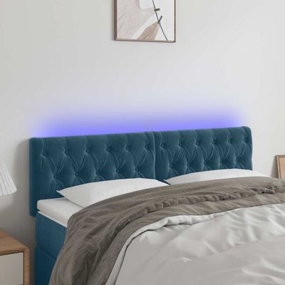 vidaXL Čelo postele s LED tmavomodré 144x7x78/88 cm zamat