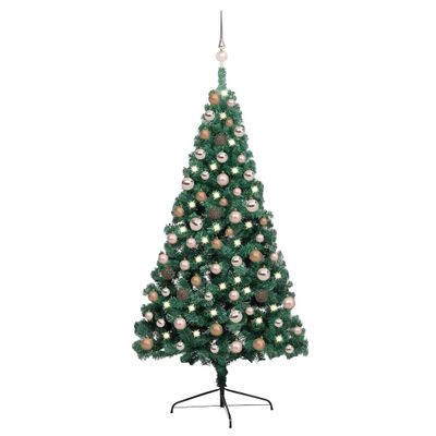 vidaXL Osvetlený umelý polovičný vianočný stromček+gule, zelený 150 cm