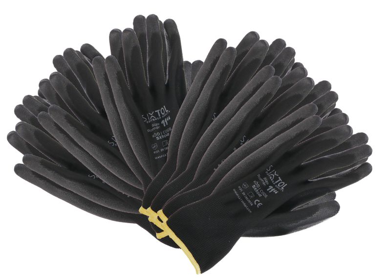 Rukavice pracovní z polyesteru polomáčené v PU GLOVE PE-PU 11, černé, vel 11", 6 párů SIXTOL