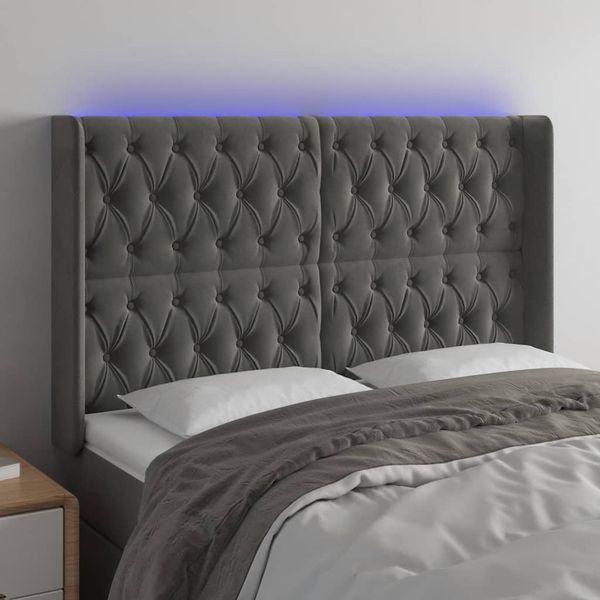 vidaXL Čelo postele s LED tmavosivé 147x16x118/128 cm zamat