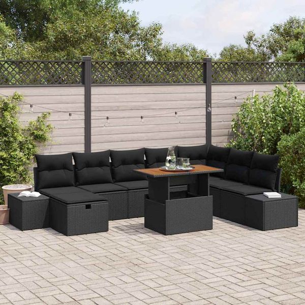 vidaXL Súprava záhradných pohoviek s vankúšom 9 pcs Čierna polyratan