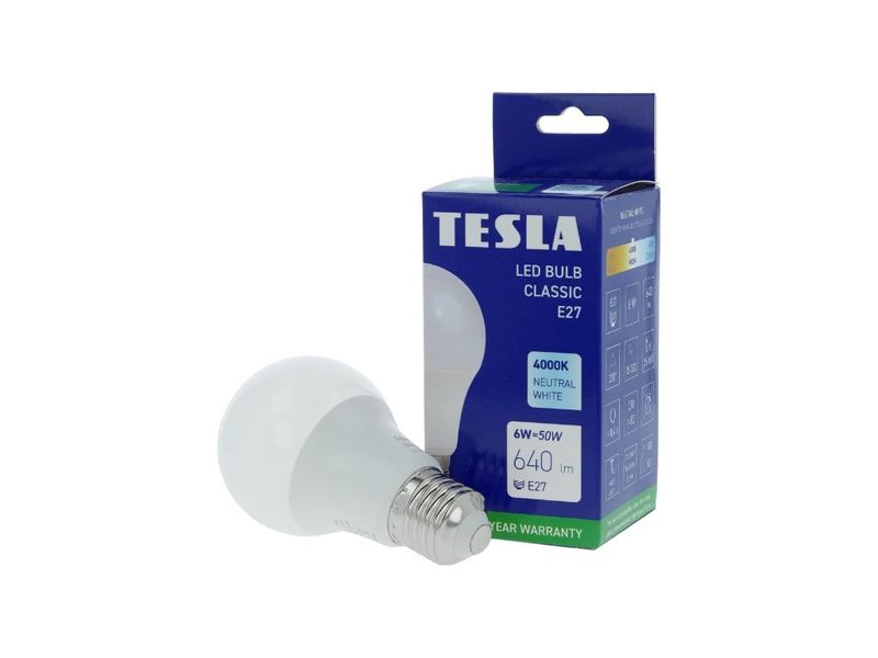 TESLA BL270640-1 – LED bulb žiarovka E27, 6W, 640 lm, 4000K, denná biela