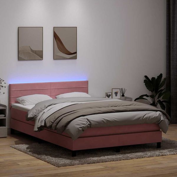vidaXL Posteľný rám boxsping s matracom a LED ružový 140x210 cm zamat