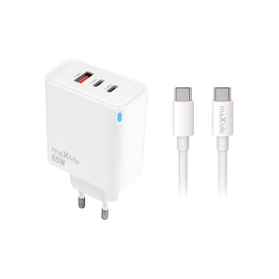 Nabíjačka Maxlife MXTC-09-65ACC PD QC 2x USB-C 1x USB 65W biela + kábel USB-C - USB-C 2,0m 100W