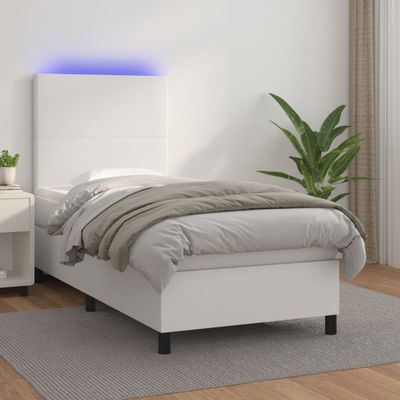vidaXL Boxspring posteľ s matracom a LED biela 90x190 cm umelá koža