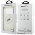 Obal Karl Lagerfeld Magsafe IML trblietavý obal s kovovým rámom fotoaparátu a tlačidlami, hlavy Karla a Choupette s opakovaným logom KL pre iPhone 17 Pro sivý