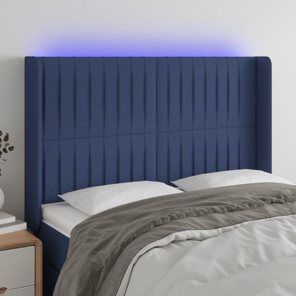 vidaXL Čelo postele s LED modré 147x16x118/128 cm látka