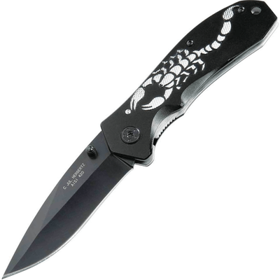 Herbertz 44067 Skorpion vreckový nôž 8,5 cm, celočierna, hliník, motív škorpióna