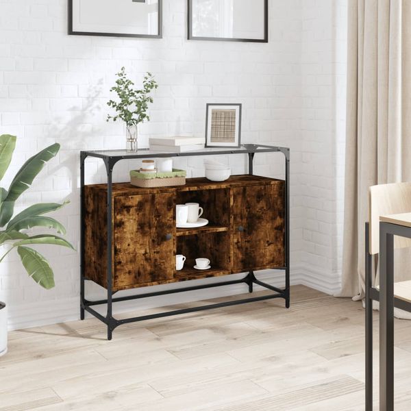 vidaXL Komoda sklenená doska dymový dub 98x35x81 cm kompozitné drevo