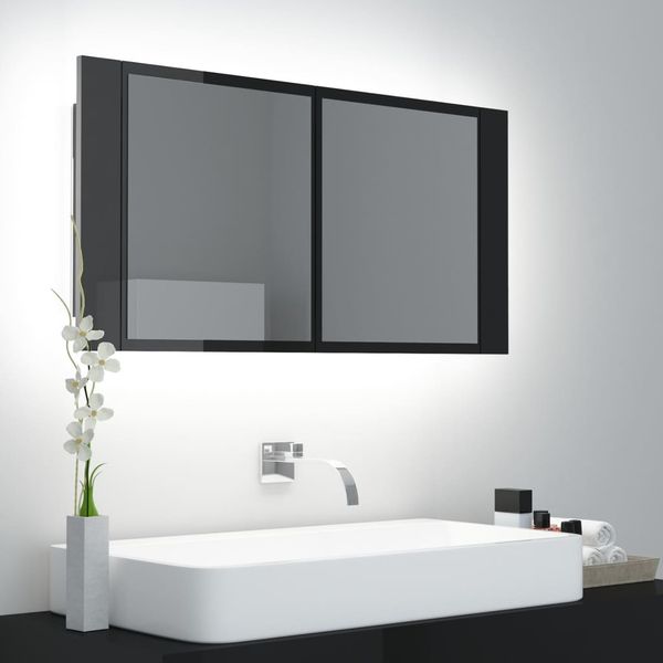 vidaXL LED kúpeľňová zrkadlová skrinka lesklá čierna 90x12x45 cm akryl