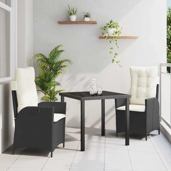 vidaXL Záhradný jedálenský set s vankúšom 3 pcs Čierna polyratan