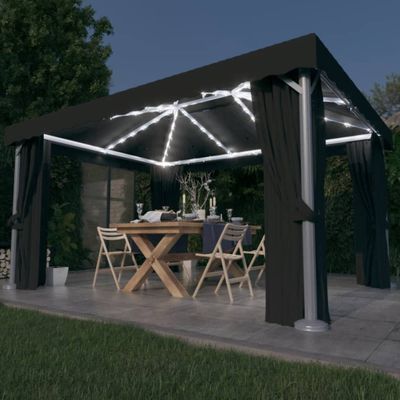 vidaXL Altánok so závesom a LED reťazou 4x3 m, antracitový