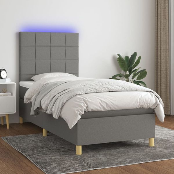 vidaXL Posteľ boxsping s matracom a LED tmavosivá 90x190 cm látka