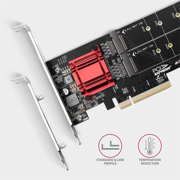 AXAGON PCEM2-ND, PCIe x8 riadič - 2x M.2 NVMe M-kľúčový slot, RAID, podpora desiek bez bifurkácie, vč. LP Radic, PCIe x8, pre 2x M.2 SSD, NVMe M-Kľúč, podpora RAID, včetne low profile záslepky