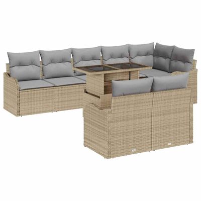 vidaXL Súprava záhradných pohoviek s vankúšom 9 pcs Béžová Poly Ratan