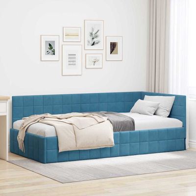 vidaXL Rohový rám postele s čelnou doskou Modrá 90 cm x 190 cm Zamat