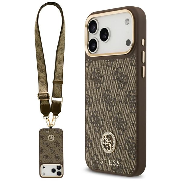 Obal Guess 4G Strass Logo & Big Strap Metal Buttons MagSafe pre iPhone 17 Pro Max hnedá