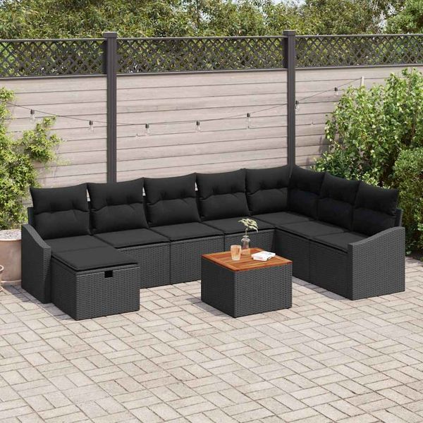 vidaXL Súprava záhradných pohoviek s vankúšom 9 pcs Čierna Poly ratan