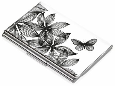 #CDC10-A152 Troika BLACK FLOWERS Ploché puzdro na 11 vizitiek, bielo-čierne, motív kvetov