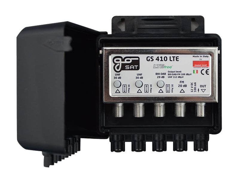 Anténny zosilňovač GoSAT GS410LTE, na stožiar,1xFM G20dB, 1xDAB G20dB, 2xUHF G30dB