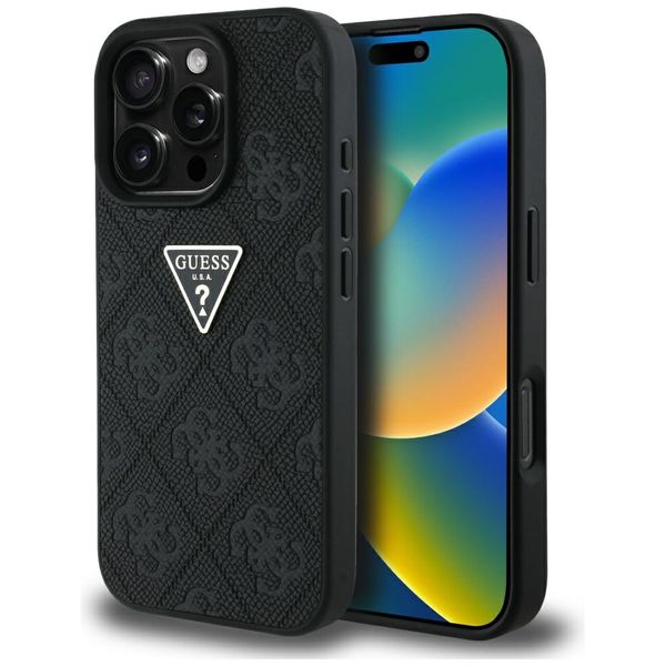 Guess Hardcase PU Grained Hot Stamp 4G Triangle Metal Case pre iPhone 16 Pro 6,3" čierna