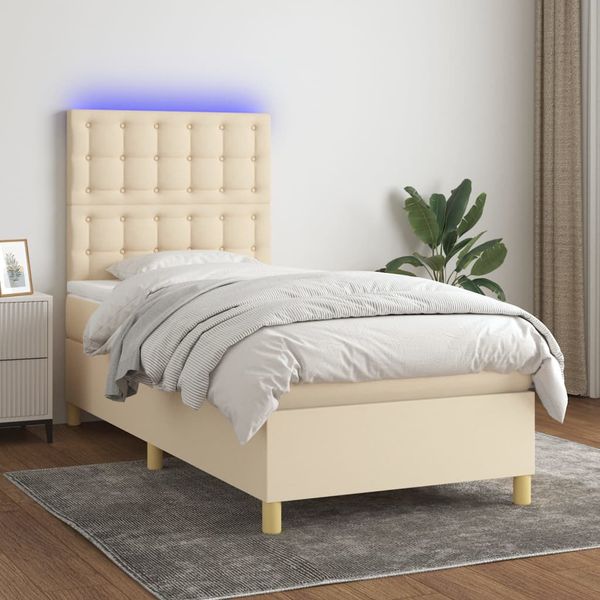 vidaXL Posteľ boxsping s matracom a LED krémová 90x200 cm látka