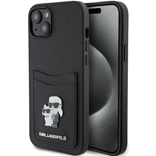 Púzdro Karl Lagerfeld pre iPhone 15 6,1" KLHCP15SSAPKCNPK čierny tvrdý obal Saffiano s držiakom kariet Karl&Choupette Metal Pin