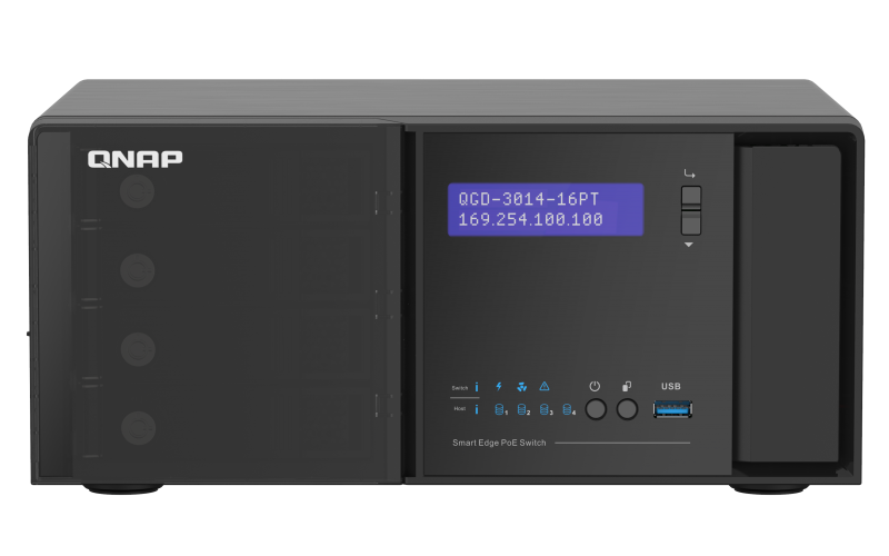 QNAP riadený switch QGD-3014-16PT-8G (16x GbE PoE+, 4core CPU, 4x SATA, 8GB RAM, 2x HDMI, 3x USB)