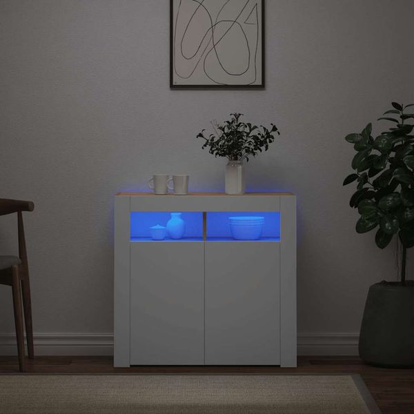 vidaXL Komoda s LED svetlami biela a dub sonoma 80x35x75 cm