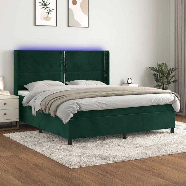 vidaXL Posteľný rám boxsping matrac a LED tmavozelený 180x200 cm zamat