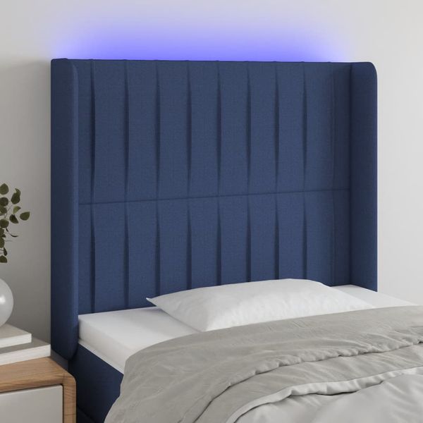 vidaXL Čelo postele s LED modré 93x16x118/128 cm látka