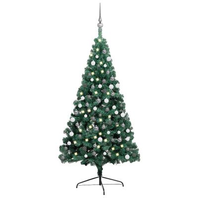 vidaXL Osvetlený umelý polovičný vianočný stromček+gule, zelený 180 cm
