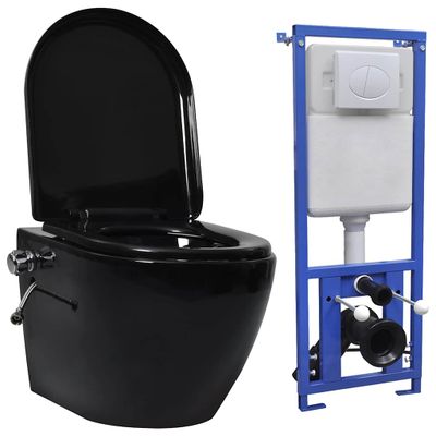 vidaXL Závesné bezokrajové WC so skrytou nádržkou čierne keramické