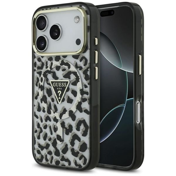 Guess Leopard Glitter MagSafe puzdro pre iPhone 17 Pro čierne