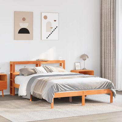 vidaXL Posteľný rám s čelom voskový hnedý 135x190 cm borovicový masív