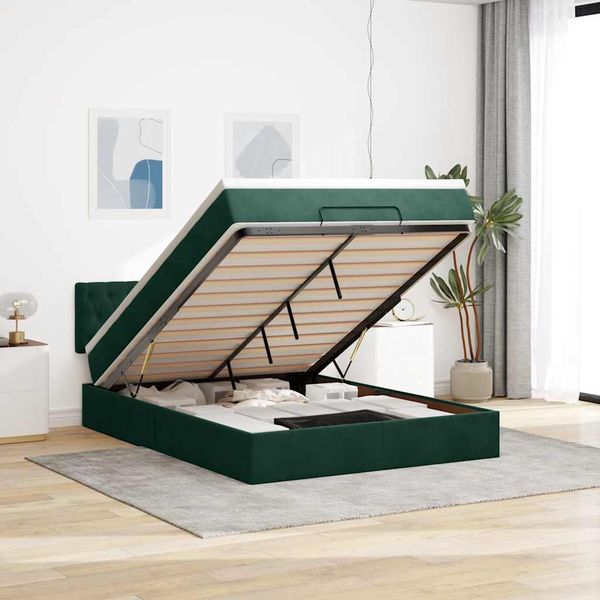 vidaXL Podsedák s matracom a LED diódami, tmavozelený, 140x190 cm, zamat