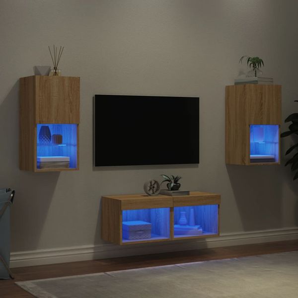 vidaXL 4-dielne TV nástenné skrinky s LED svetlami dub sonoma