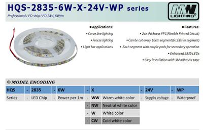 LED pásik MW Lighting HQS-2835-6W-NW-24V 24VDC 510lm, 4500K, 6W, 5m LED pásek MW Lighting HQS-2835-6W-NW-24V 24VDC 510lm, 4500K, 6W, 5m