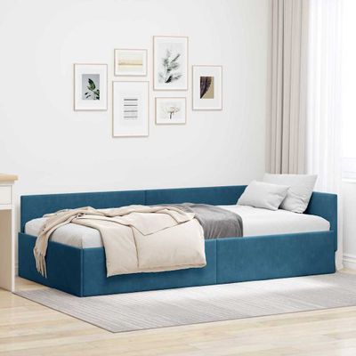 vidaXL Rohový rám postele s čelnou doskou Modrá 90 cm x 200 cm Zamat