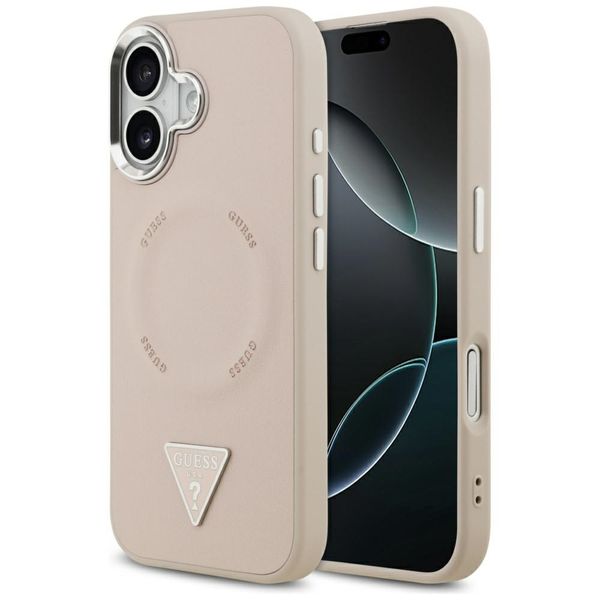 Puzdro Guess Case Magsafe PU Leather Case s trojuholníkovým logom a strieborným kovovým rámom fotoaparátu pre iPhone 17 ružové