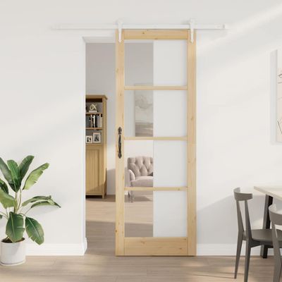 vidaXL Posuvné dvere Hnedá 83 x 232 cm Masívne borovicové drevo a sklo