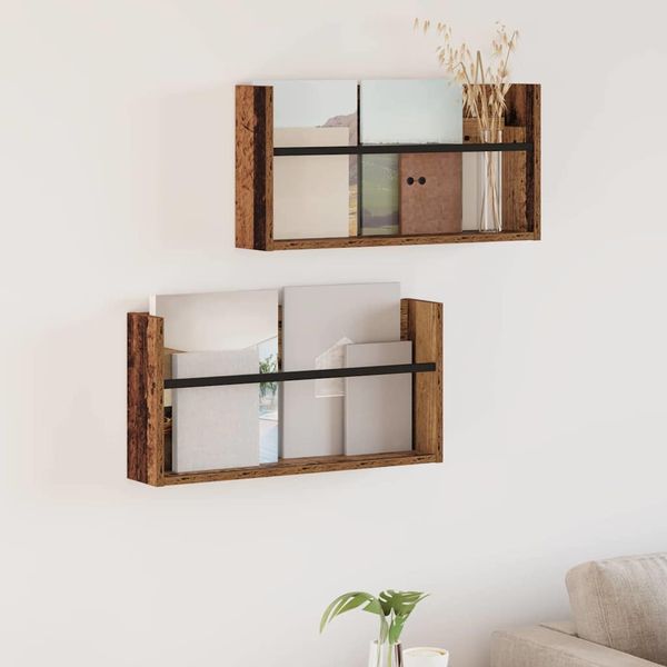 vidaXL Regál na časopisy s poličkou 2 pcs Staré drevo 60 x 12 x 30 cm
