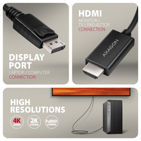 AXAGON RVD-HI20C2, DisplayPort -> HDMI 2.0b redukce / kabel 1.8m, 4K/60Hz Kabel, DisplayPort (M) na HDMI 2.0a (M), 4K/60Hz, HDCP 2.3, 1,8m, cerný