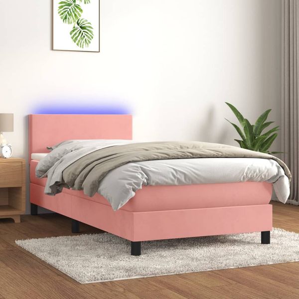 vidaXL Posteľný rám boxsping s matracom a LED ružový 90x200 cm zamat