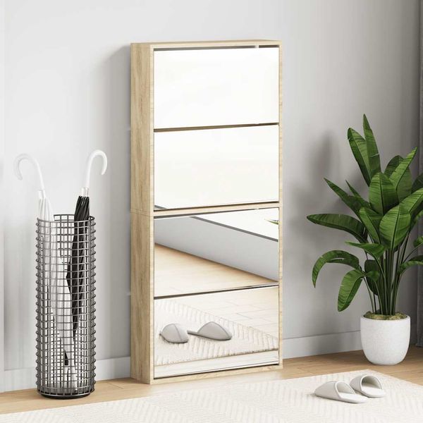 vidaXL Botník so 4 zrkadlovými skrinkami, farba dubu, 63x17x134 cm