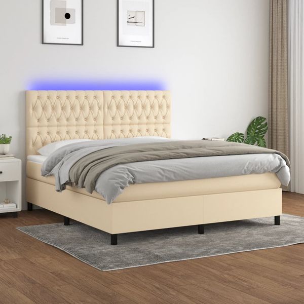 vidaXL Posteľ boxsping s matracom a LED krémová 160x200 cm látka
