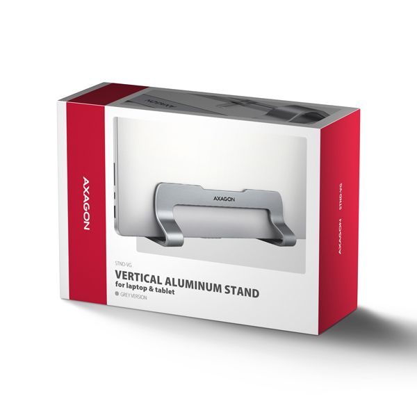 AXAGON STND-VG vertikální hliníkový stojan na notebook 10"-17.3" nastavitelný rozestup, šedý Stojan, vertikální, notebooky 10"–17.3", tablety, nastavitelná šírka 9,5–25,5 mm, hliník, protiskluz, šedý