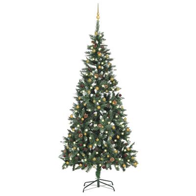 vidaXL Osvetlený umelý vianočný stromček s guľami 210 cm