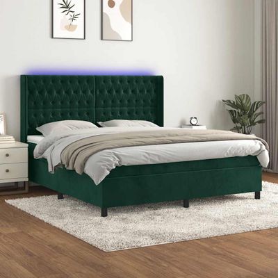 vidaXL Posteľný rám boxsping matrac a LED tmavozelený 160x200 cm zamat